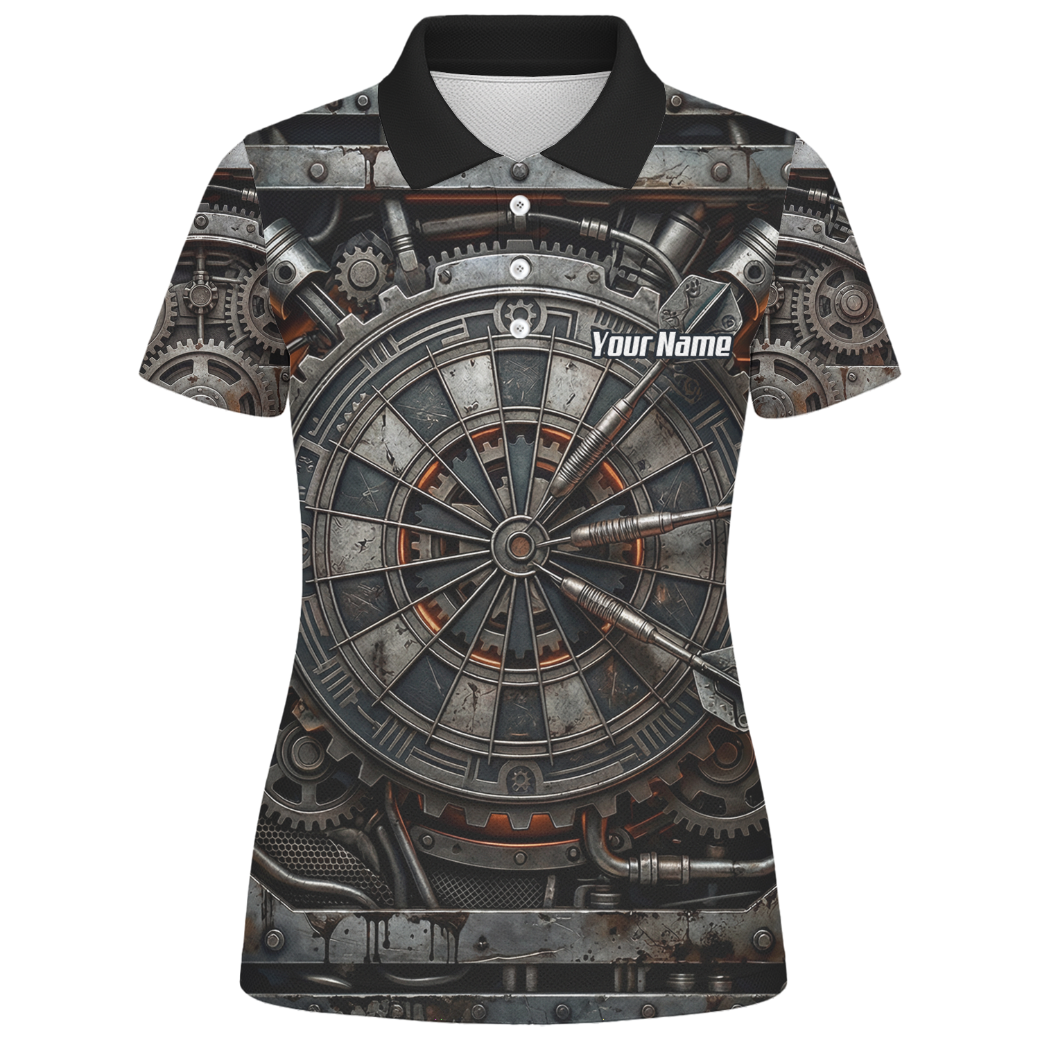Personalised Women's Mechanical Industrial Gear Dart Jersey Custom Name Team Polo Shirt Grey Black W2120