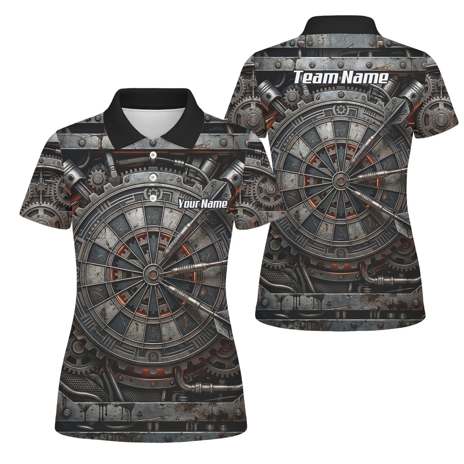 Personalised Women's Mechanical Industrial Gear Dart Jersey Custom Name Team Polo Shirt Grey Black W2120