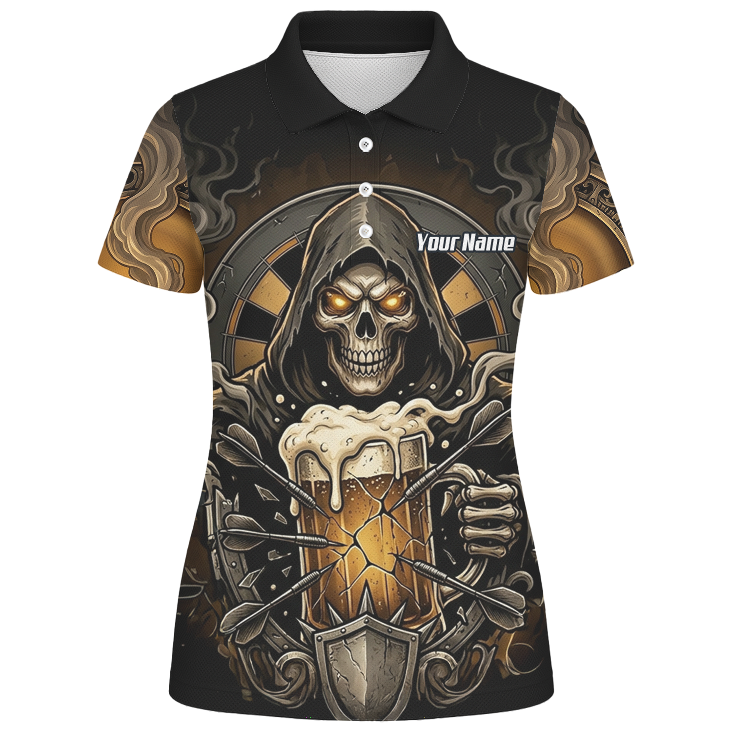 Personalised Reaper Skeleton Beer Dart Jersey for Women Custom Name Team Darts Polo Shirt Black Gold W5988