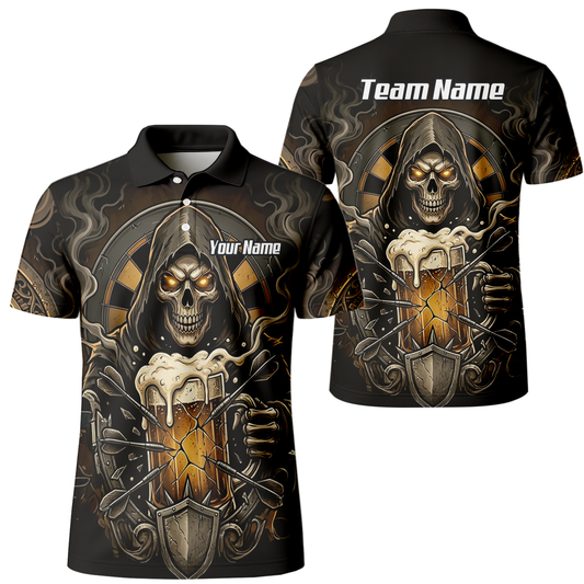 Personalised Reaper Skeleton Beer Dart Jersey for Men Custom Name Team Darts Polo Shirt Black Gold W5988
