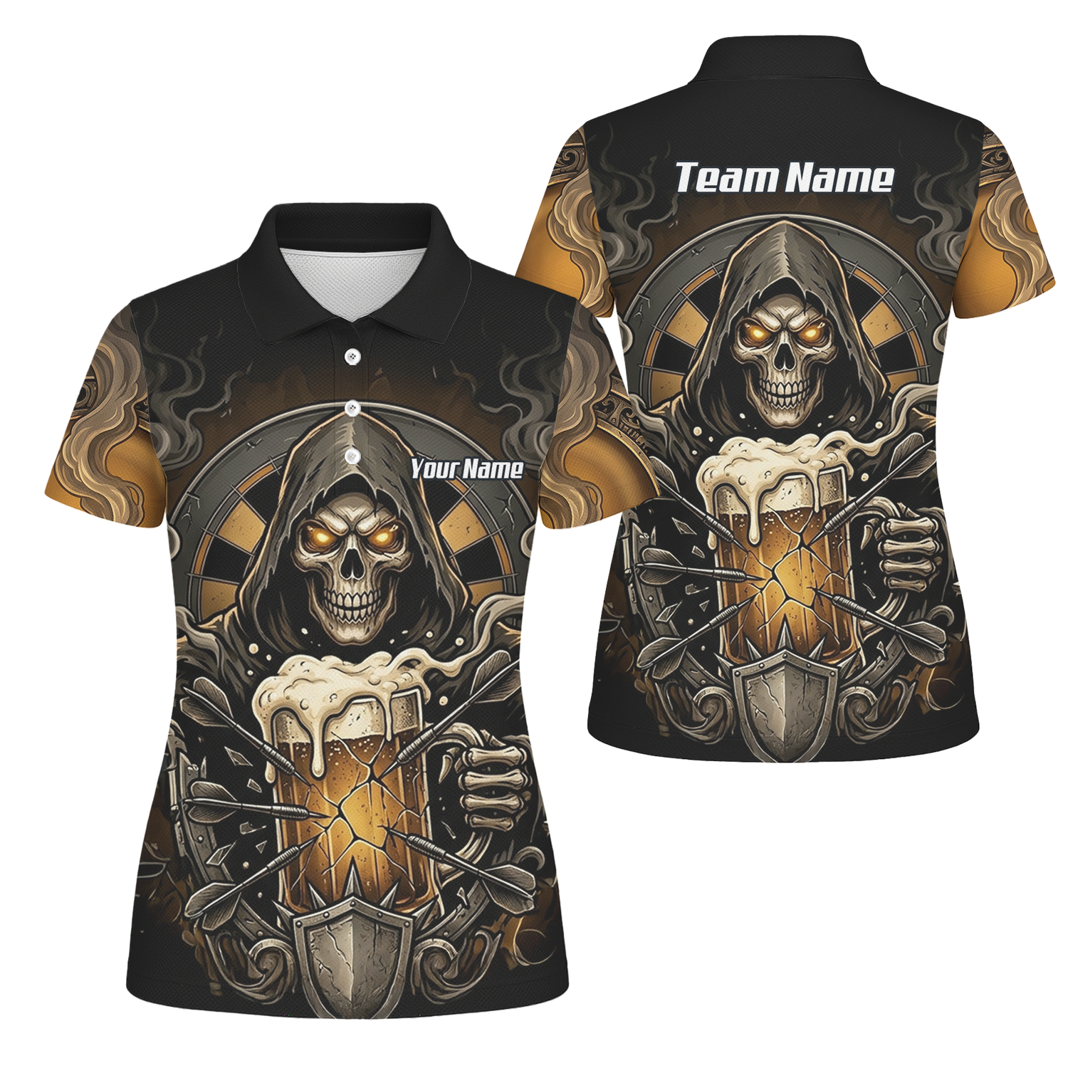 Personalised Reaper Skeleton Beer Dart Jersey for Women Custom Name Team Darts Polo Shirt Black Gold W5988