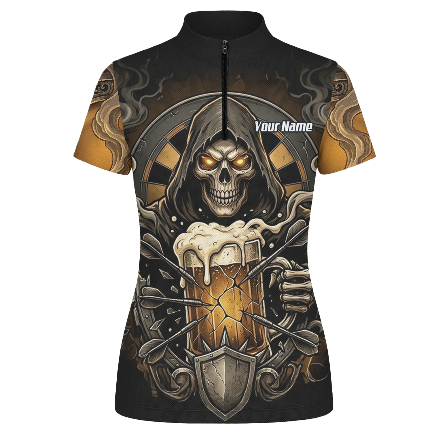 Personalised Reaper Skeleton Beer Dart Jersey for Women Custom Name Team Darts Polo Shirt Black Gold W5988