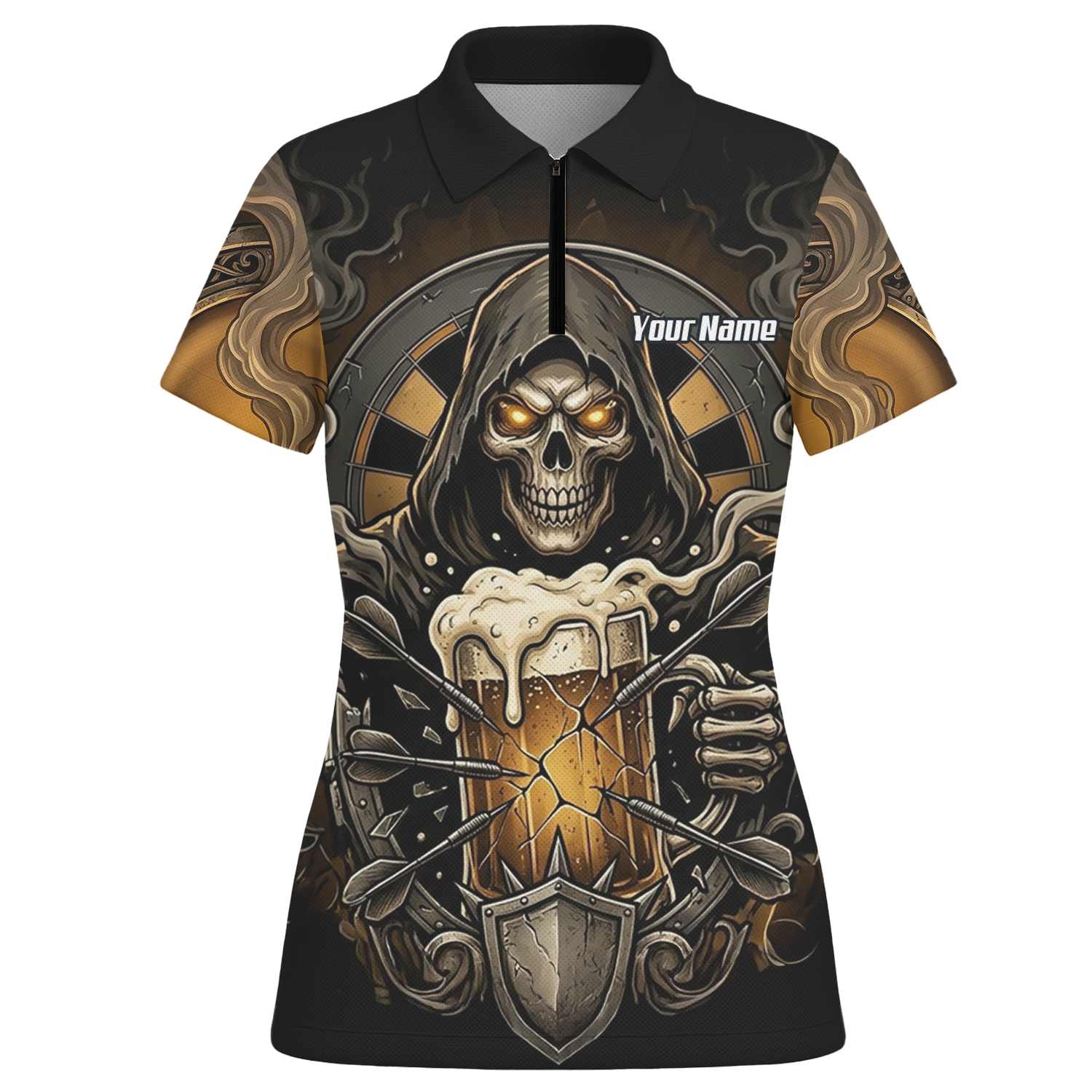 Personalised Reaper Skeleton Beer Dart Jersey for Women Custom Name Team Darts Polo Shirt Black Gold W5988