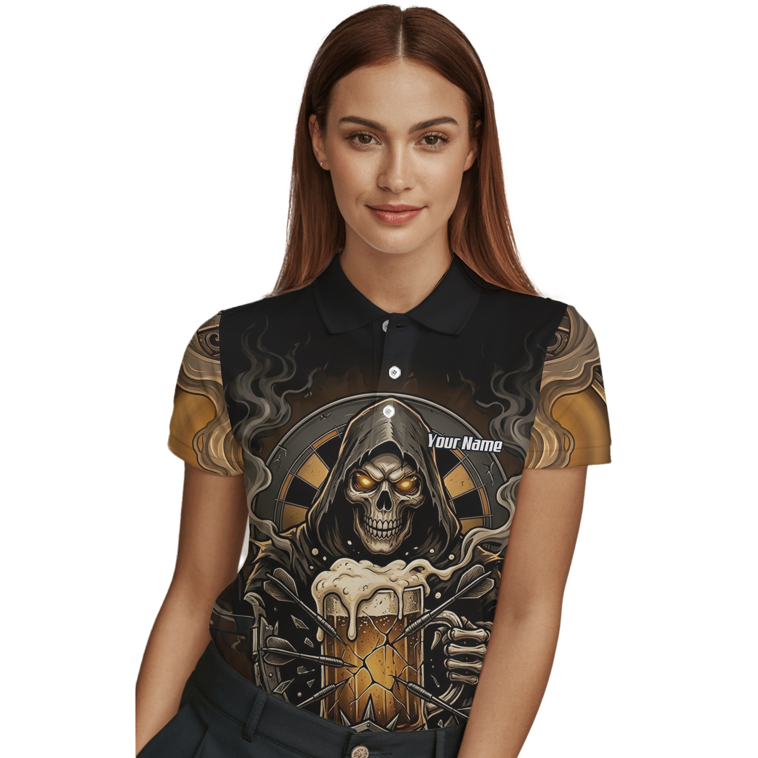 Personalised Reaper Skeleton Beer Dart Jersey for Women Custom Name Team Darts Polo Shirt Black Gold W5988