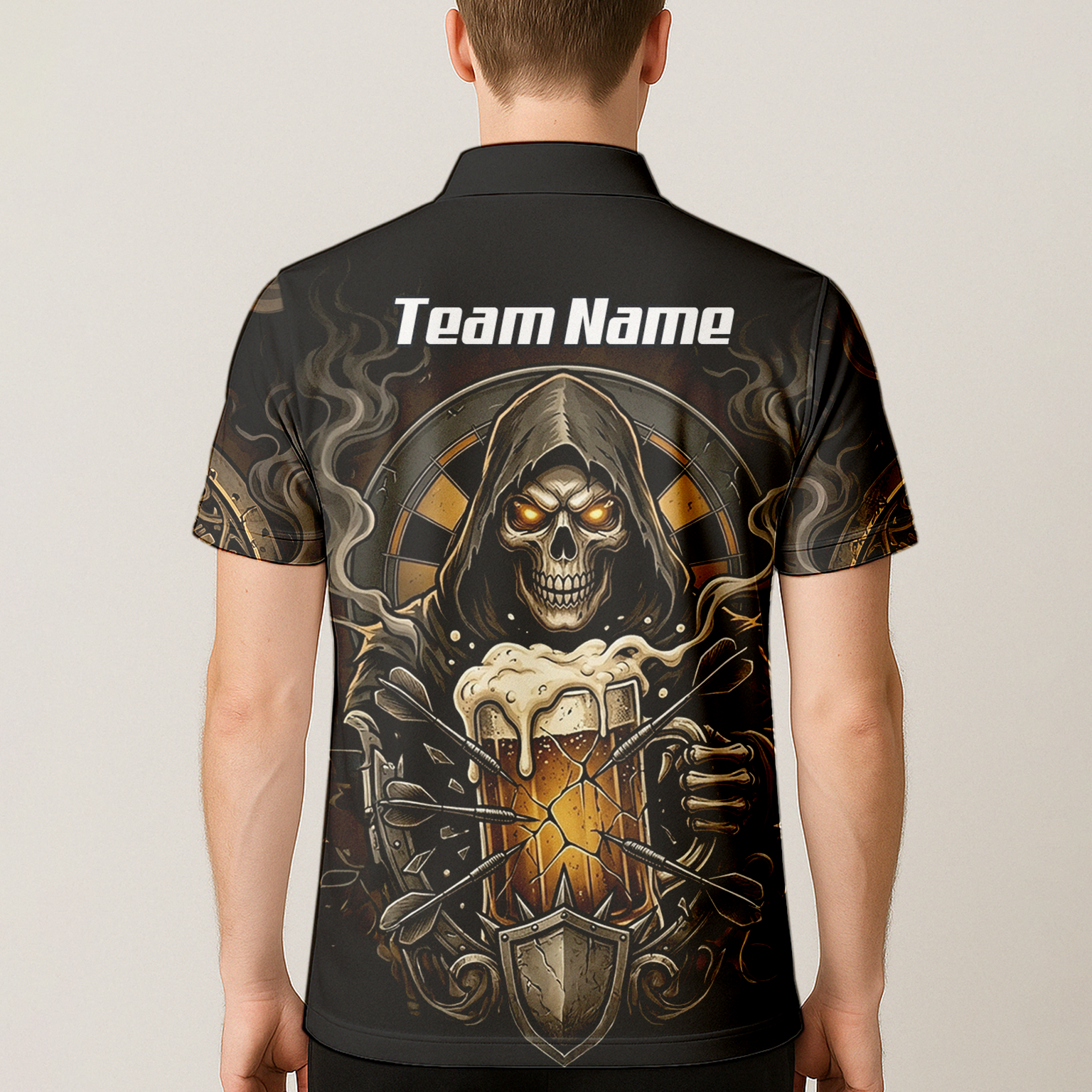 Personalised Reaper Skeleton Beer Dart Jersey for Men Custom Name Team Darts Polo Shirt Black Gold W5988
