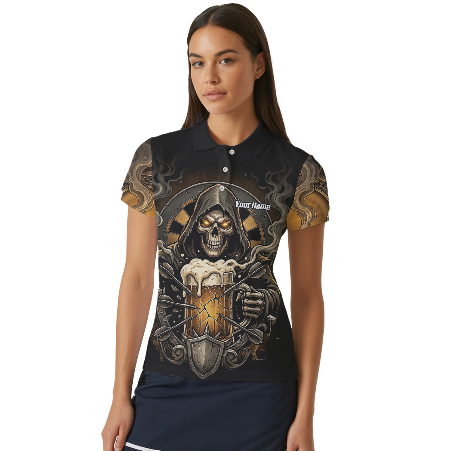 Personalised Reaper Skeleton Beer Dart Jersey for Women Custom Name Team Darts Polo Shirt Black Gold W5988