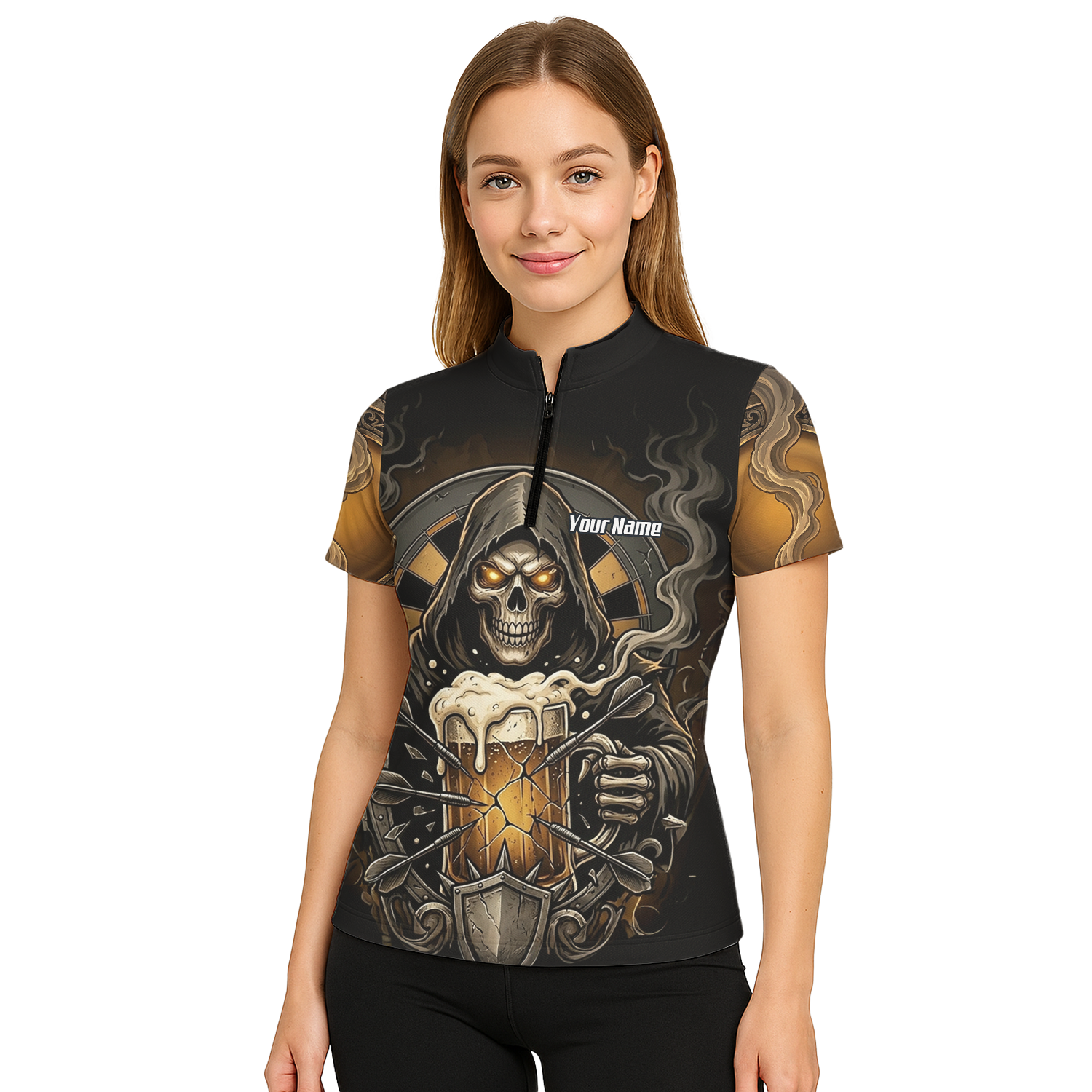 Personalised Reaper Skeleton Beer Dart Jersey for Women Custom Name Team Darts Polo Shirt Black Gold W5988