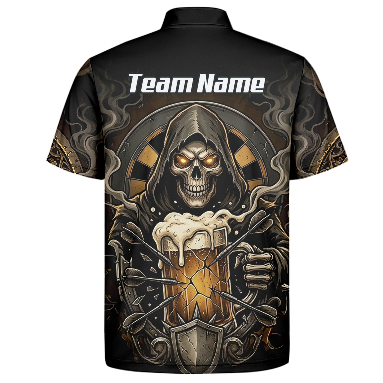 Personalised Reaper Skeleton Beer Dart Jersey for Men Custom Name Team Darts Polo Shirt Black Gold W5988