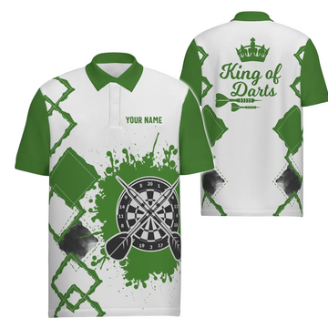 Green and White Men's Darts Polo Shirt - Cool Darts Jersey for Men - King of Darts W936