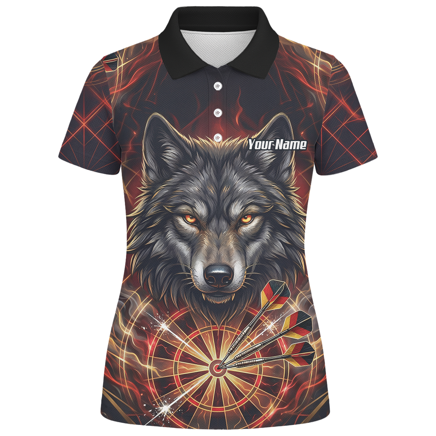 Personalised Women's Wolf Dart Jersey Custom Fire Flame Dartboard Polo Shirt Black Red X2698