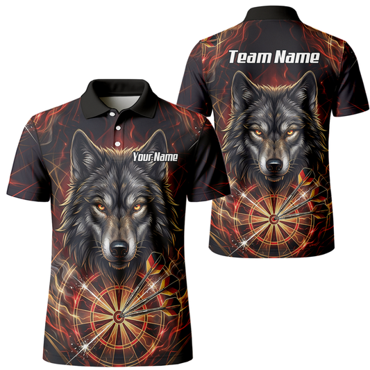 Personalised Men's Wolf Dart Jersey Custom Fire Flame Dartboard Polo Shirt Black Red X2698