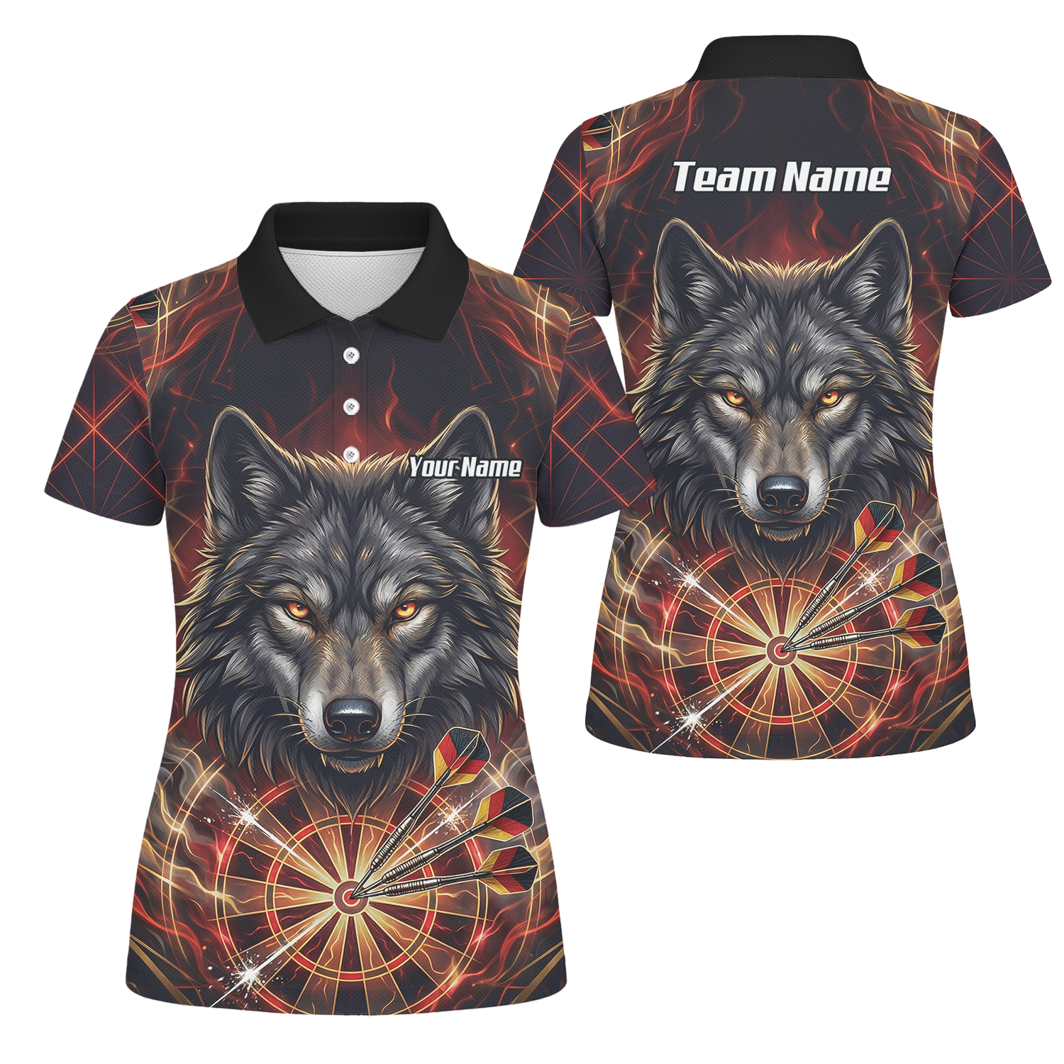 Personalised Women's Wolf Dart Jersey Custom Fire Flame Dartboard Polo Shirt Black Red X2698