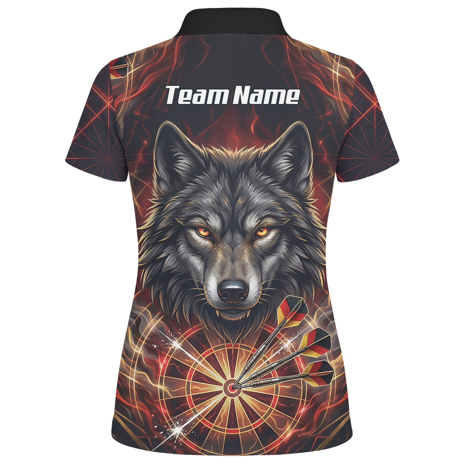 Personalised Women's Wolf Dart Jersey Custom Fire Flame Dartboard Polo Shirt Black Red X2698