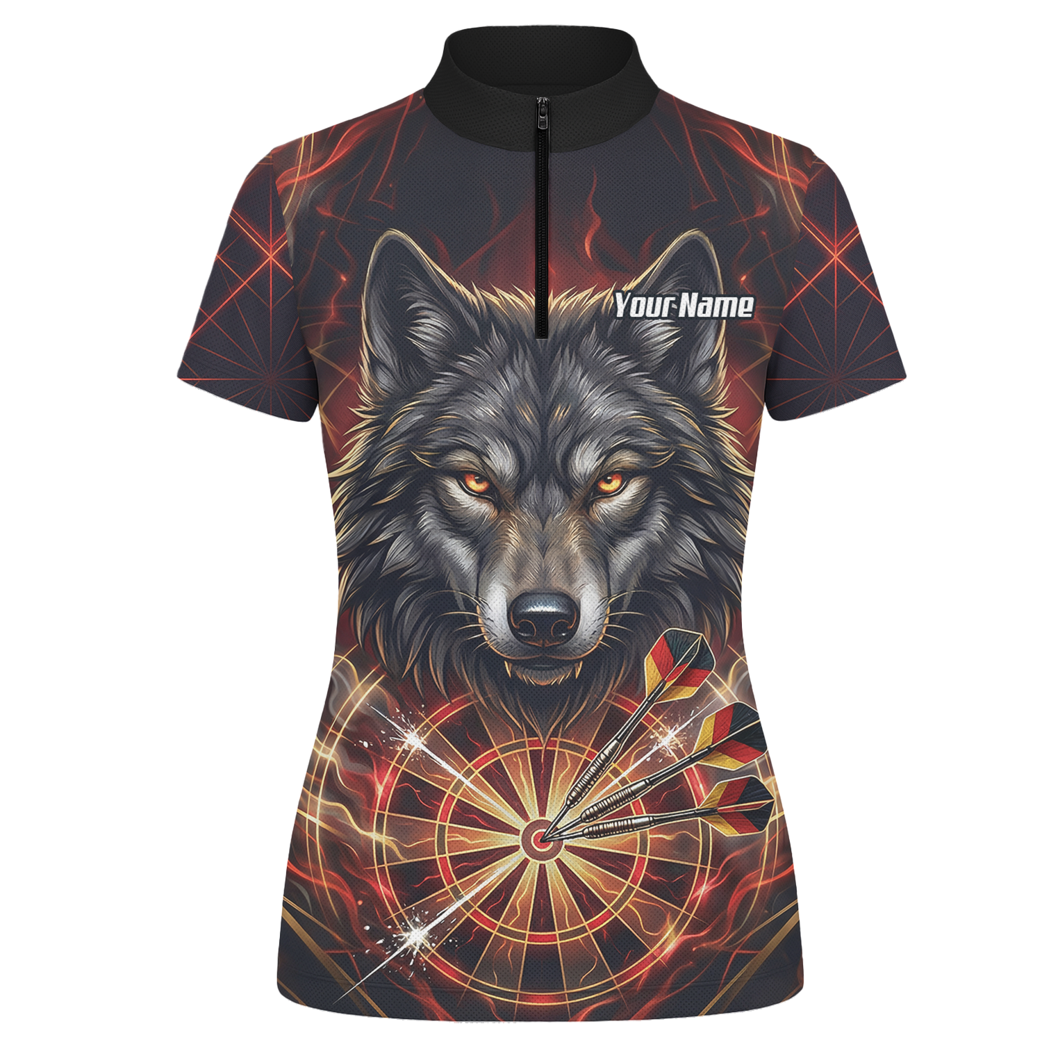 Personalised Women's Wolf Dart Jersey Custom Fire Flame Dartboard Polo Shirt Black Red X2698