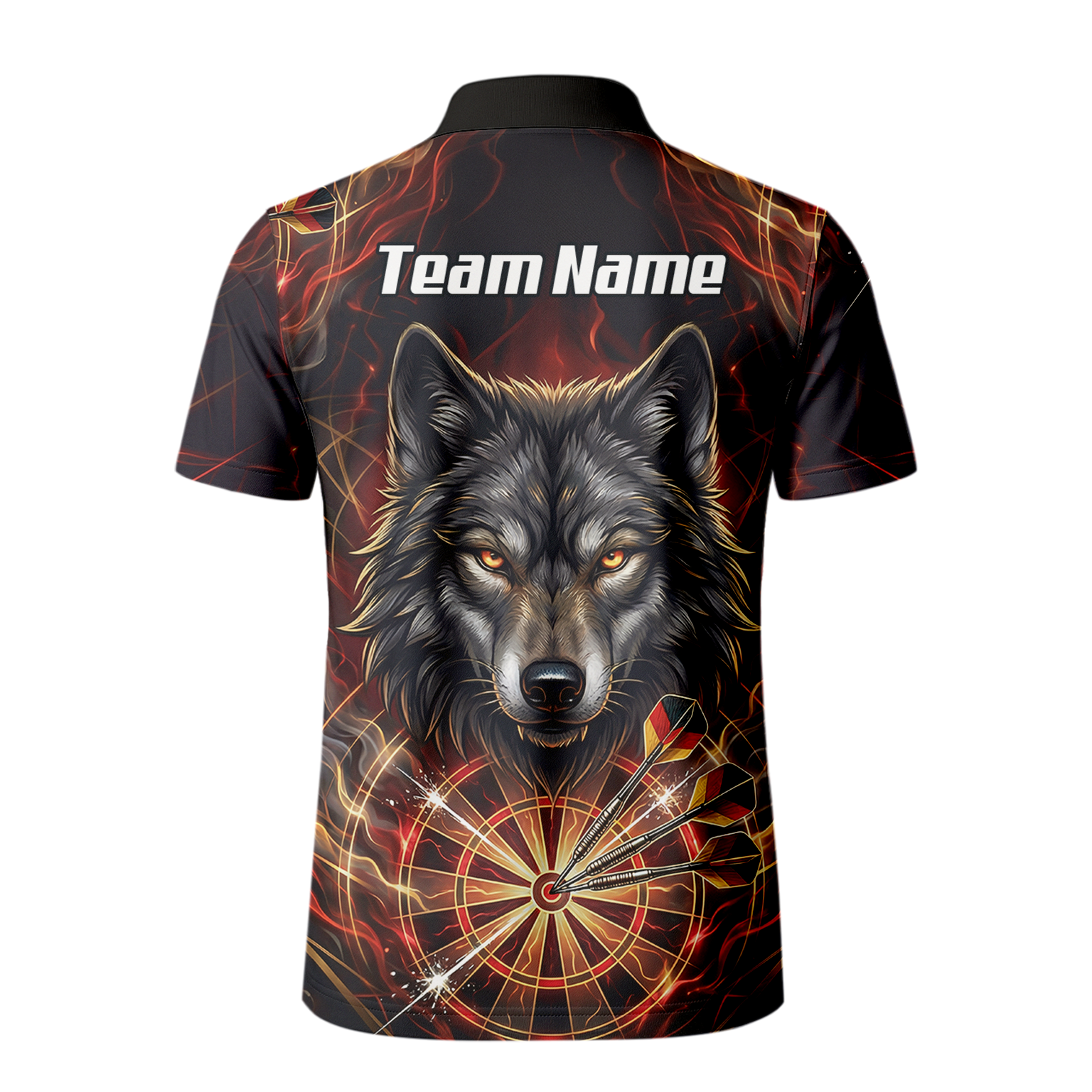Personalised Men's Wolf Dart Jersey Custom Fire Flame Dartboard Polo Shirt Black Red X2698