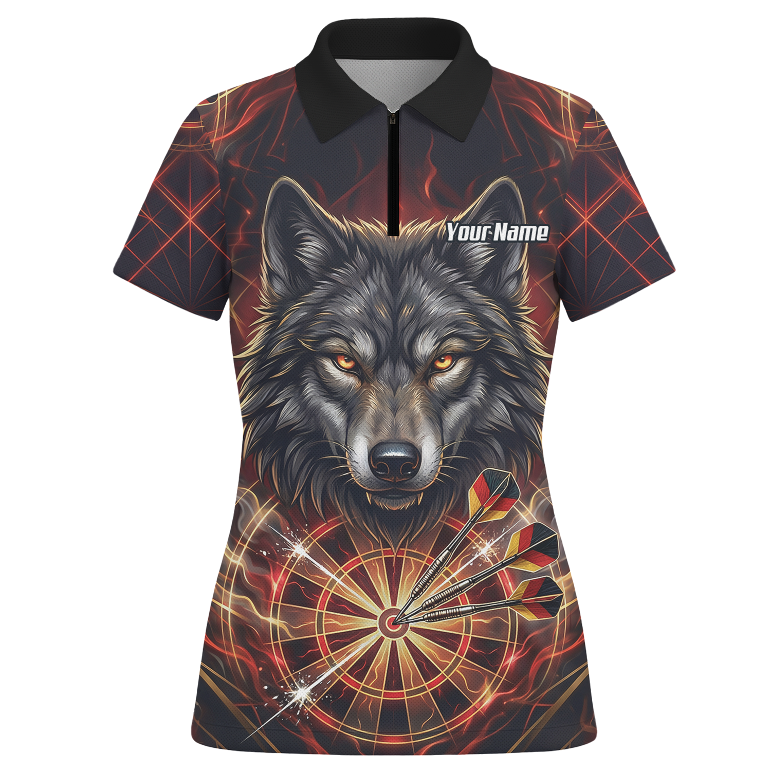 Personalised Women's Wolf Dart Jersey Custom Fire Flame Dartboard Polo Shirt Black Red X2698