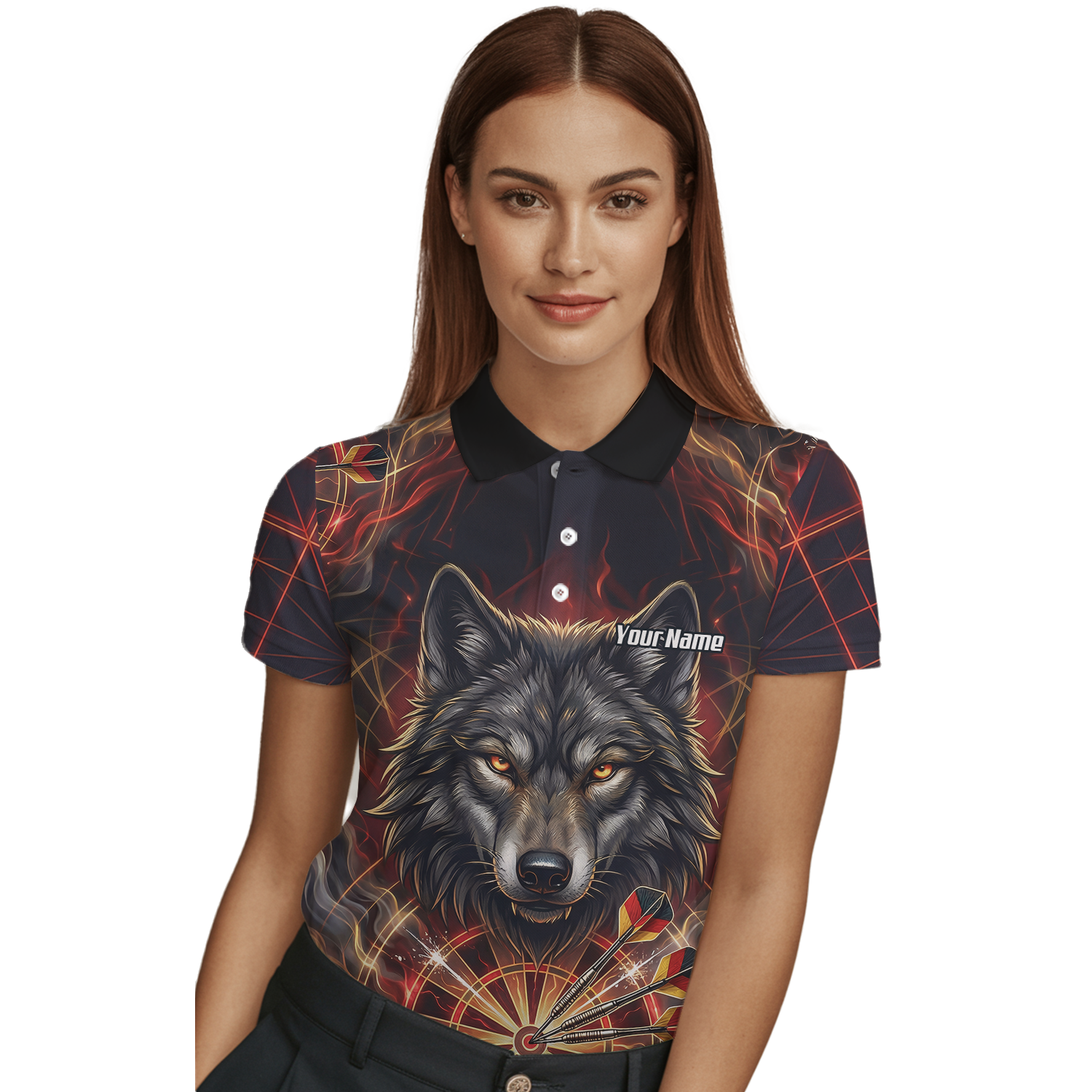 Personalised Women's Wolf Dart Jersey Custom Fire Flame Dartboard Polo Shirt Black Red X2698