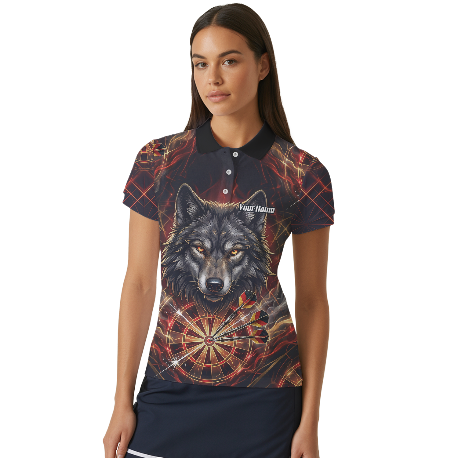 Personalised Women's Wolf Dart Jersey Custom Fire Flame Dartboard Polo Shirt Black Red X2698