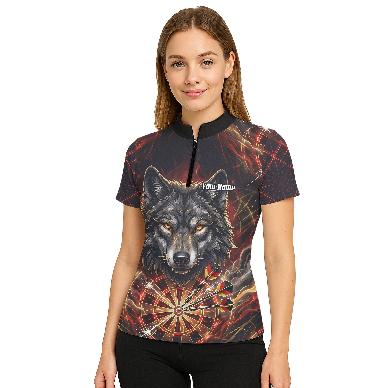 Personalised Women's Wolf Dart Jersey Custom Fire Flame Dartboard Polo Shirt Black Red X2698