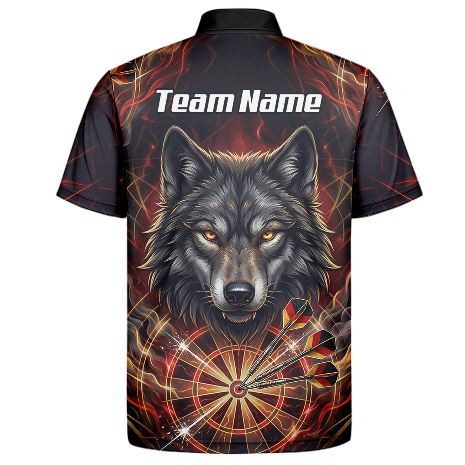 Personalised Men's Wolf Dart Jersey Custom Fire Flame Dartboard Polo Shirt Black Red X2698