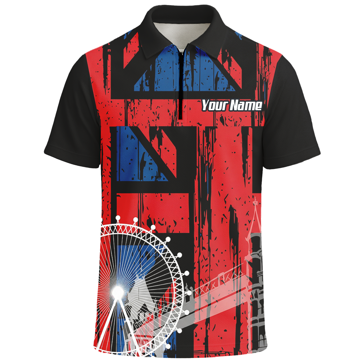 Personalised Union Jack London Landmarks Dart Jersey Polo and Zipper For Men Red Blue Black Custom Name Shirt X7232 - Polo -w Zipper Yes
