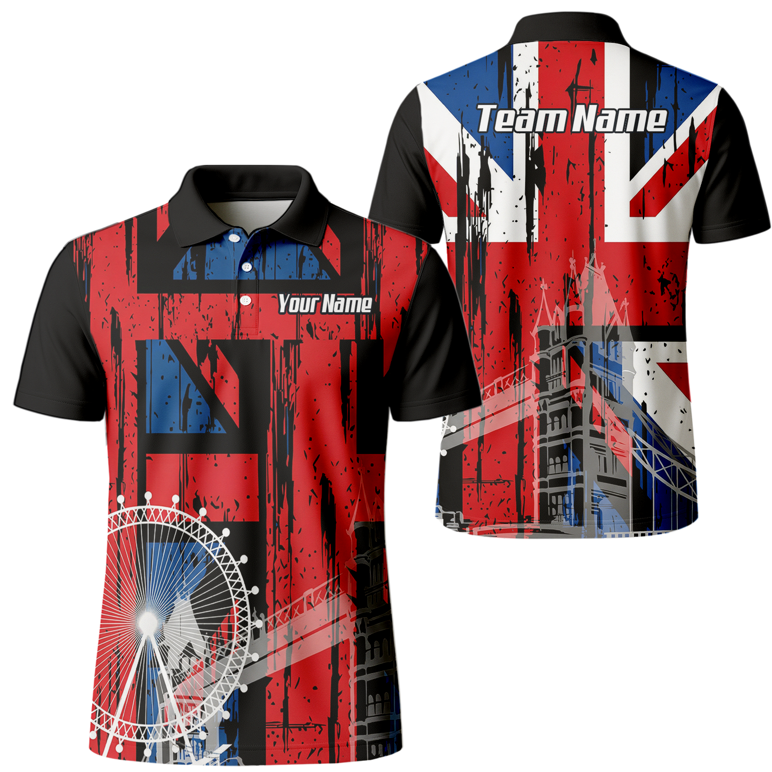Personalised Union Jack London Landmarks Dart Jersey Polo and Zipper For Men Red Blue Black Custom Name Shirt X7232 - Polo Yes