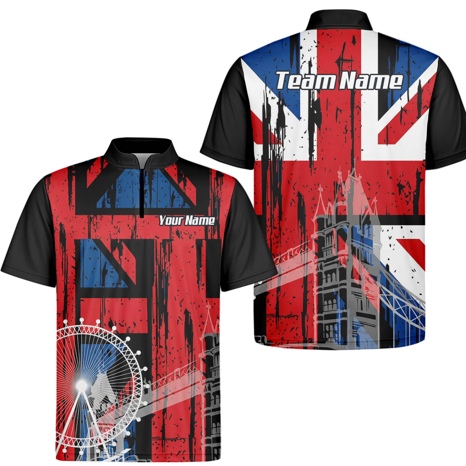 Personalised Union Jack London Landmarks Dart Jersey Polo and Zipper For Men Red Blue Black Custom Name Shirt X7232 - Zipper Yes