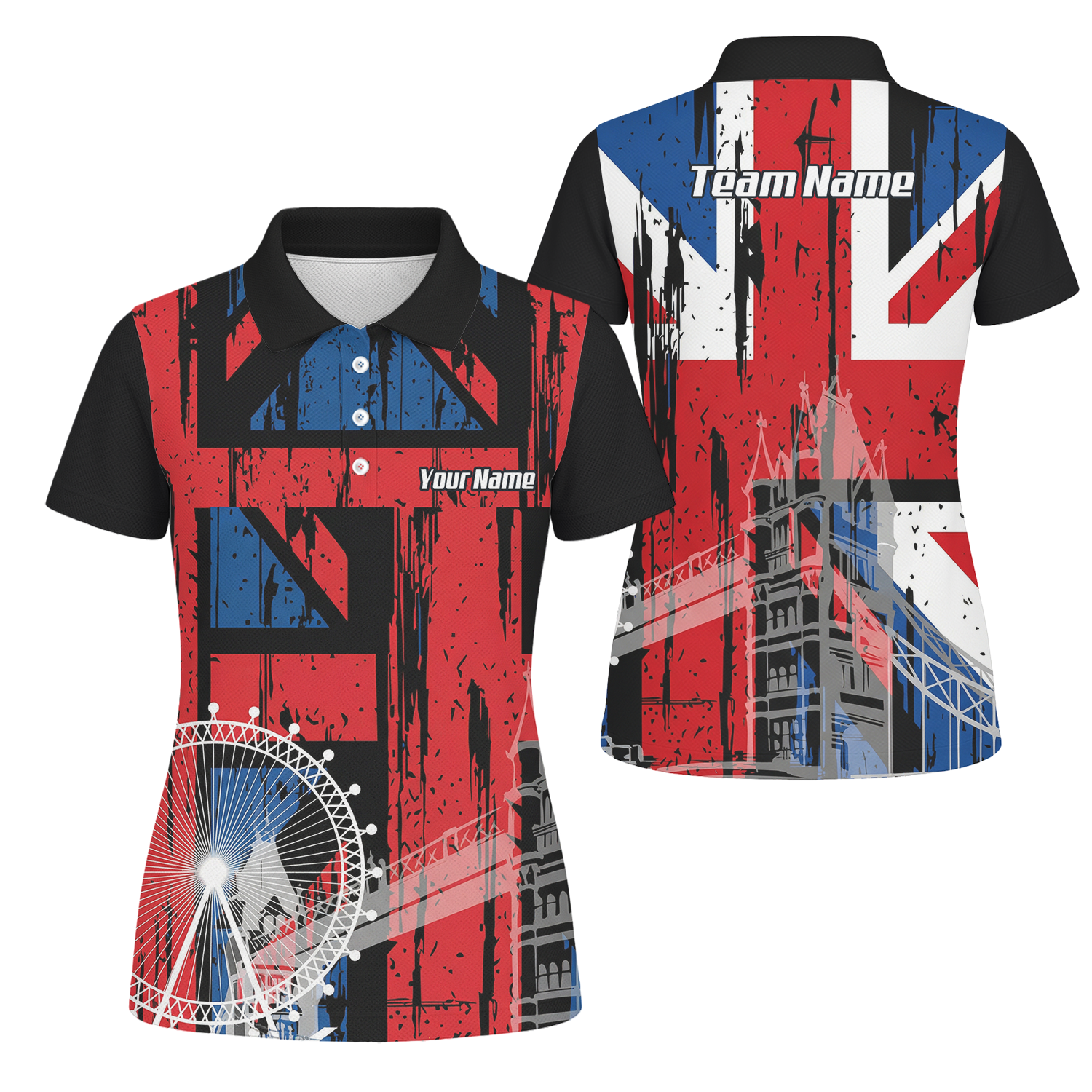 Personalised Union Jack London Landmarks Dart Jersey Polo and Zipper For Women Red Blue Black Custom Name Shirt X7232 - Polo Yes