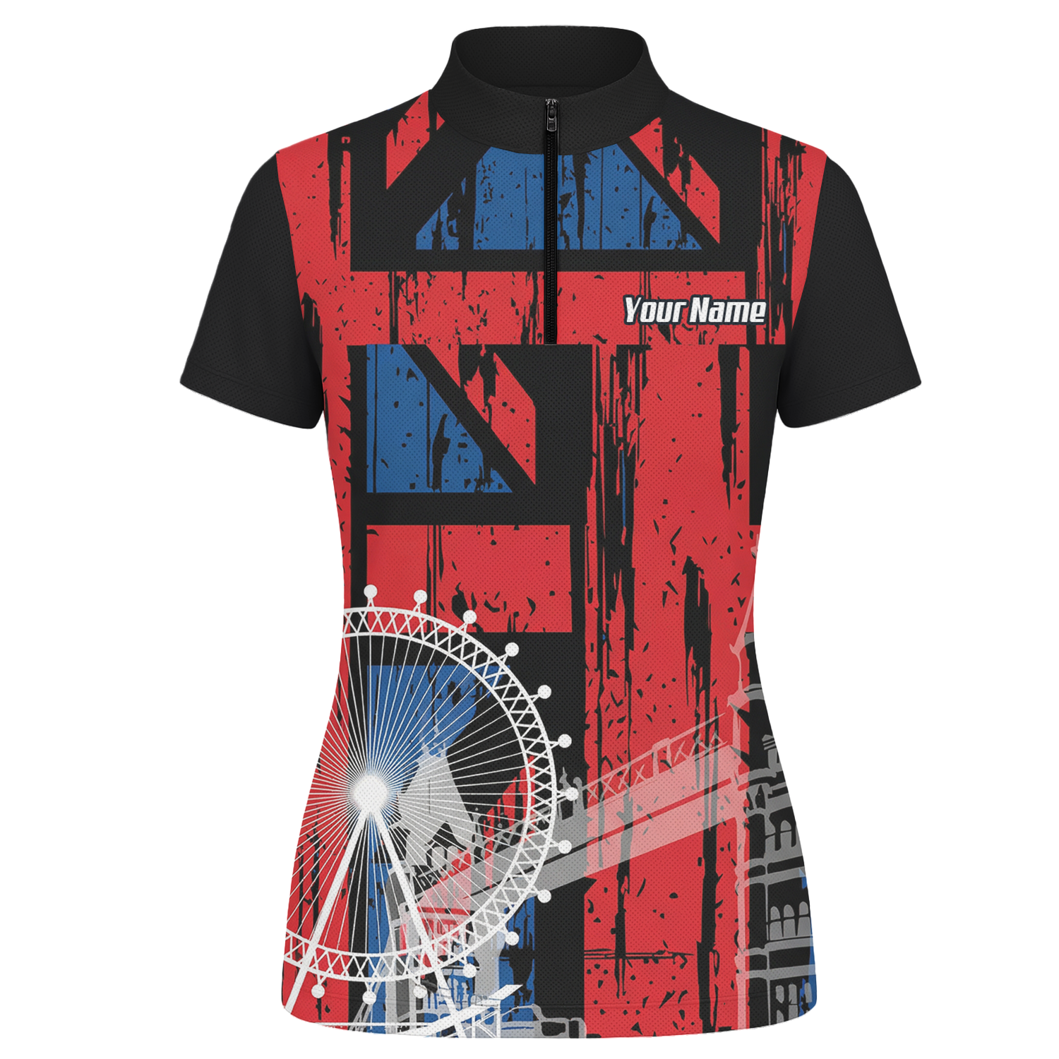 Personalised Union Jack London Landmarks Dart Jersey Polo and Zipper For Women Red Blue Black Custom Name Shirt X7232 - Zipper Yes