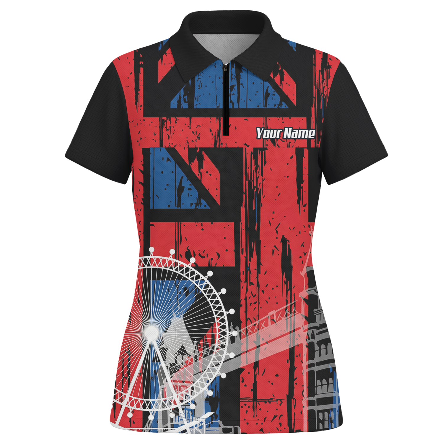 Personalised Union Jack London Landmarks Dart Jersey Polo and Zipper For Women Red Blue Black Custom Name Shirt X7232 - Polo -w Zipper Yes