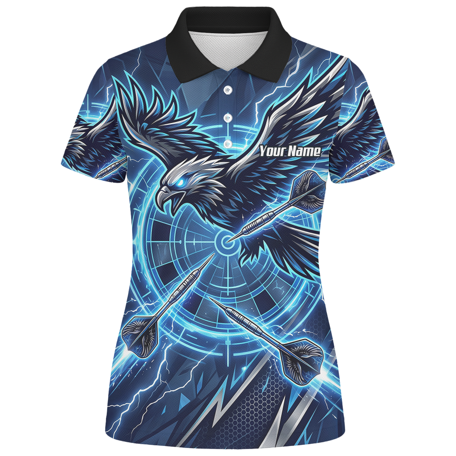 Personalised Blue Eagle Dart Jersey for Women, Custom Name and Team Electric Blue Lightning Sublimated Polo Shirt Y3067