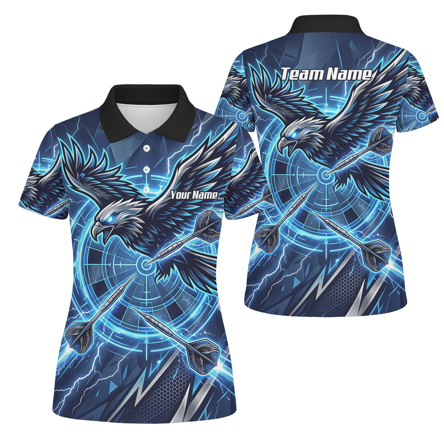 Personalised Blue Eagle Dart Jersey for Women, Custom Name and Team Electric Blue Lightning Sublimated Polo Shirt Y3067