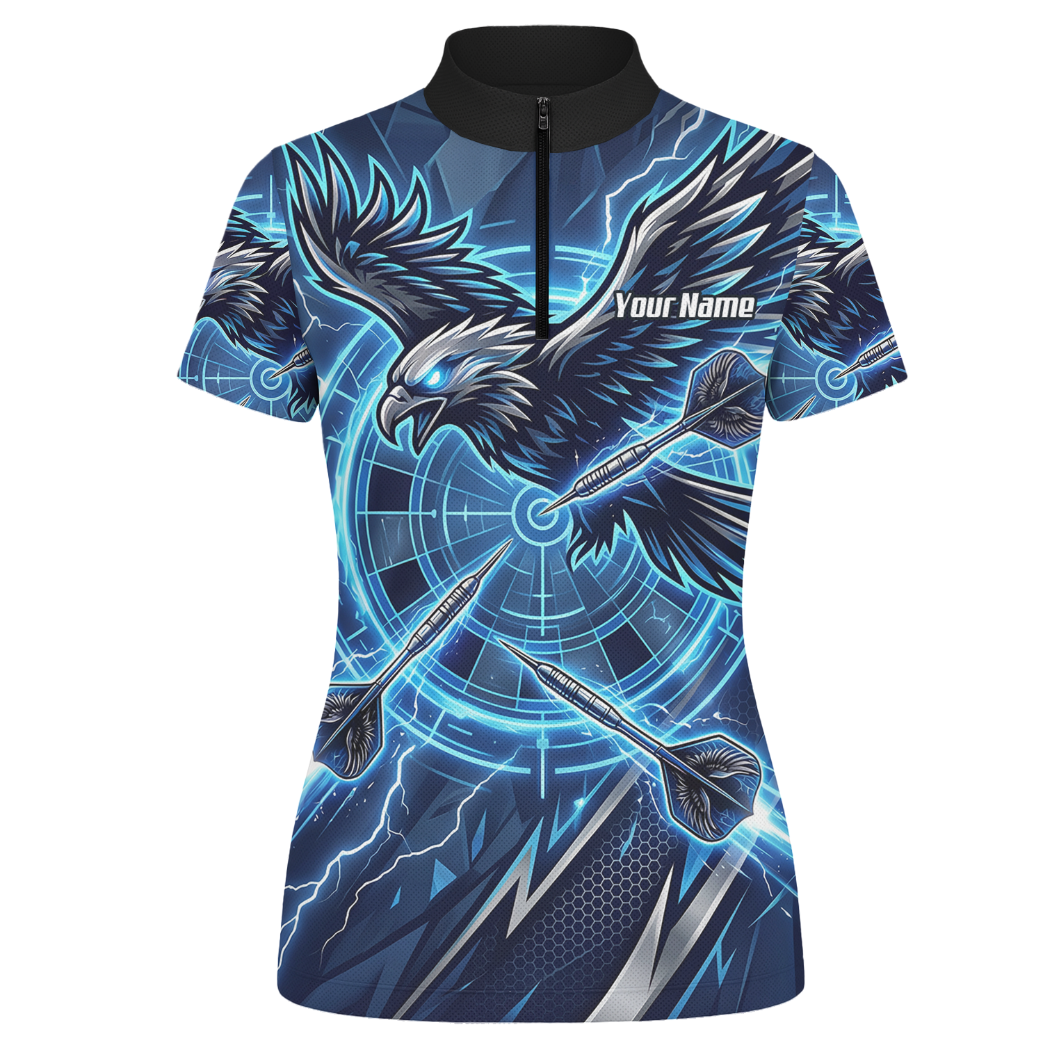 Personalised Blue Eagle Dart Jersey for Women, Custom Name and Team Electric Blue Lightning Sublimated Polo Shirt Y3067