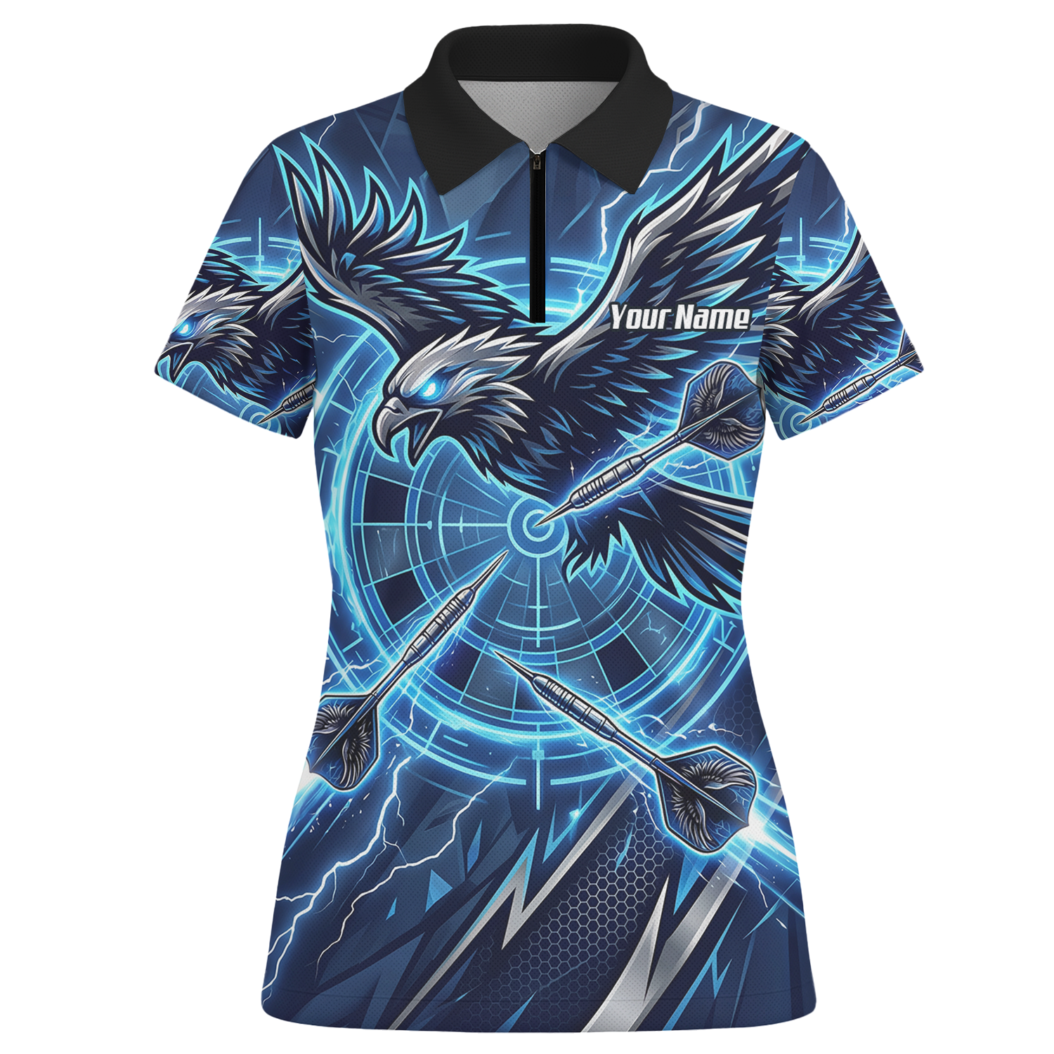 Personalised Blue Eagle Dart Jersey for Women, Custom Name and Team Electric Blue Lightning Sublimated Polo Shirt Y3067