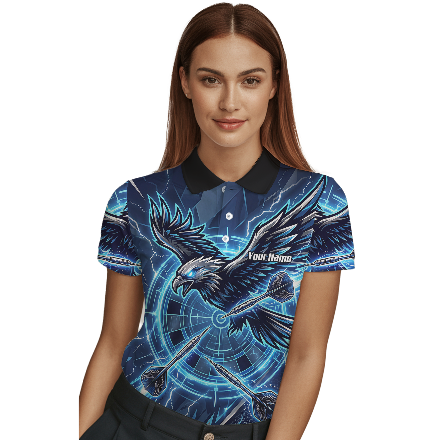 Personalised Blue Eagle Dart Jersey for Women, Custom Name and Team Electric Blue Lightning Sublimated Polo Shirt Y3067
