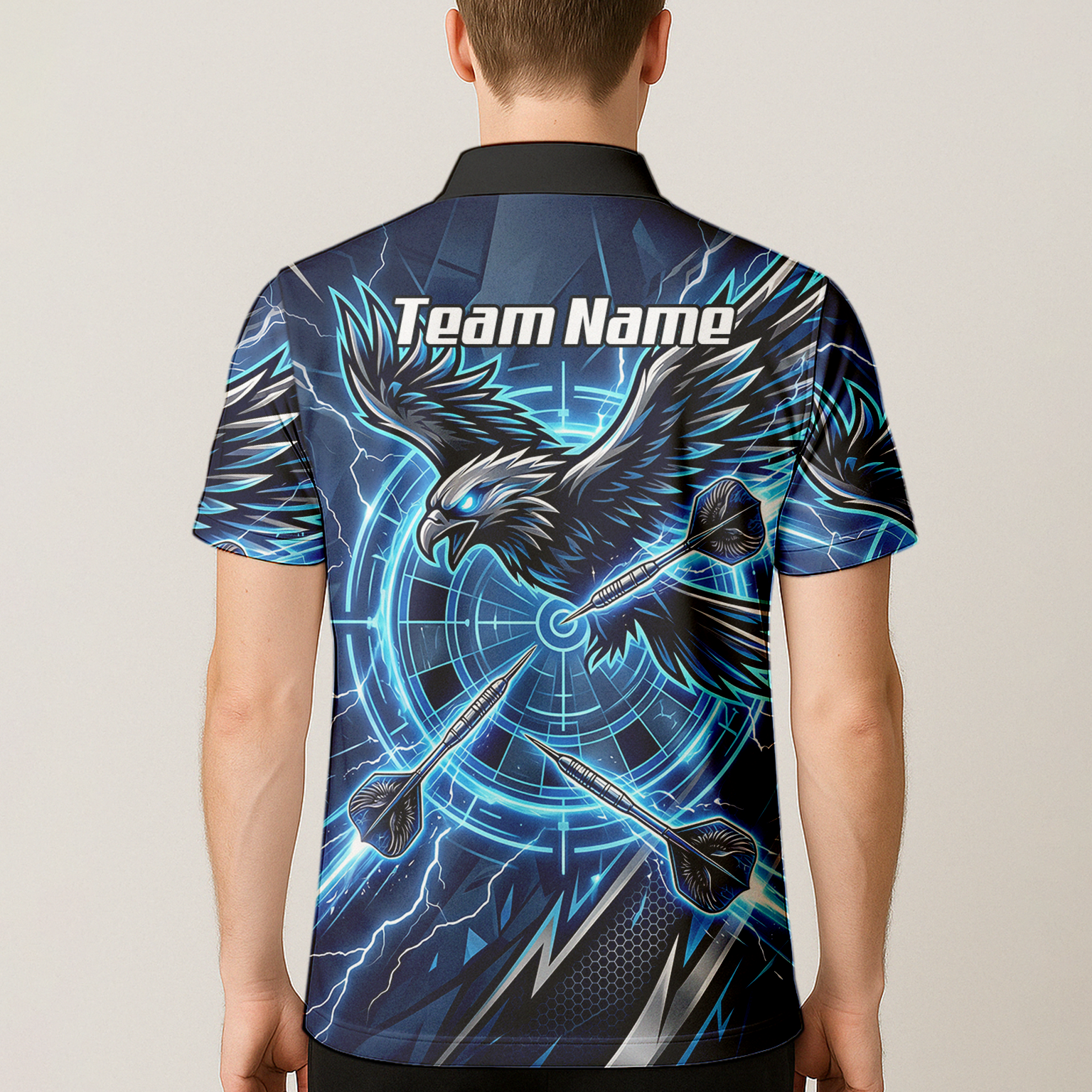 Personalised Blue Eagle Dart Jersey for Men, Custom Name and Team Electric Blue Lightning Sublimated Polo Shirt Y3067