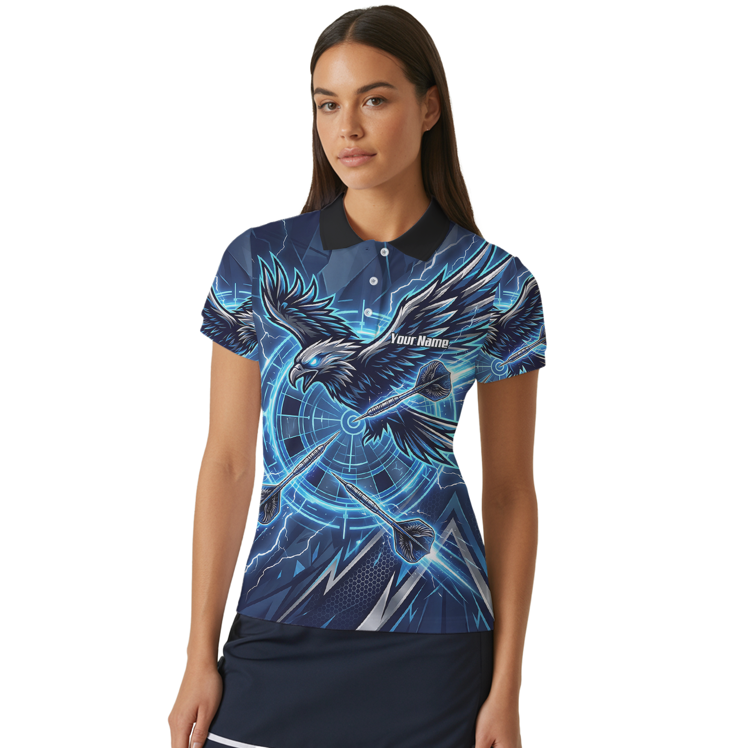 Personalised Blue Eagle Dart Jersey for Women, Custom Name and Team Electric Blue Lightning Sublimated Polo Shirt Y3067