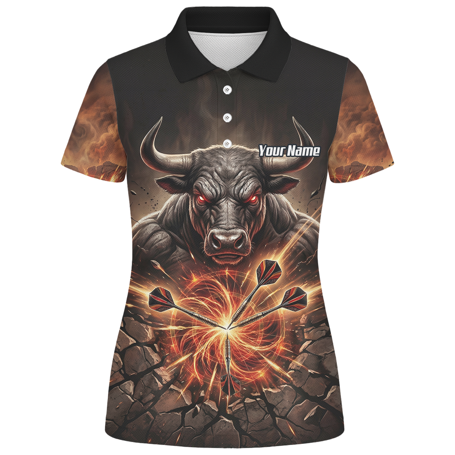 Personalised Women's Dart Jersey Custom Name Team Shirt Angry Bull Fire Flame Black Orange Polo Shirt Y4522