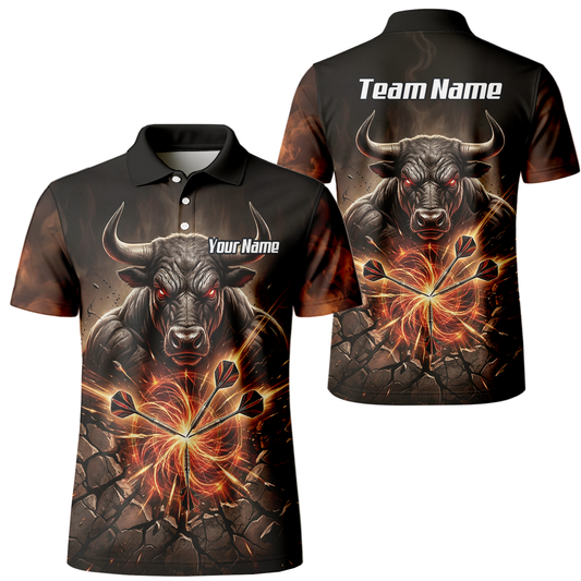 Personalised Men's Dart Jersey Custom Name Team Shirt Angry Bull Fire Flame Black Orange Polo Shirt Y4522