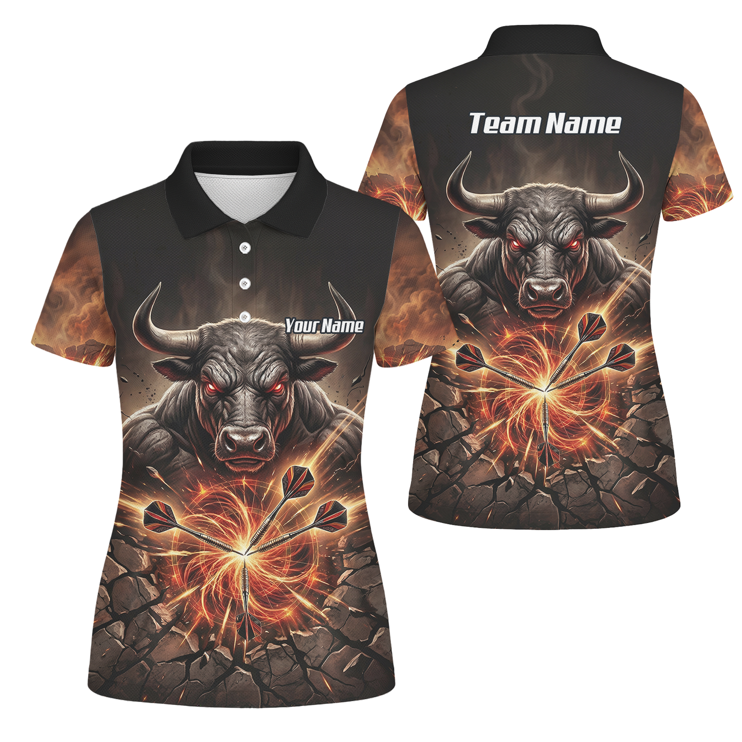 Personalised Women's Dart Jersey Custom Name Team Shirt Angry Bull Fire Flame Black Orange Polo Shirt Y4522
