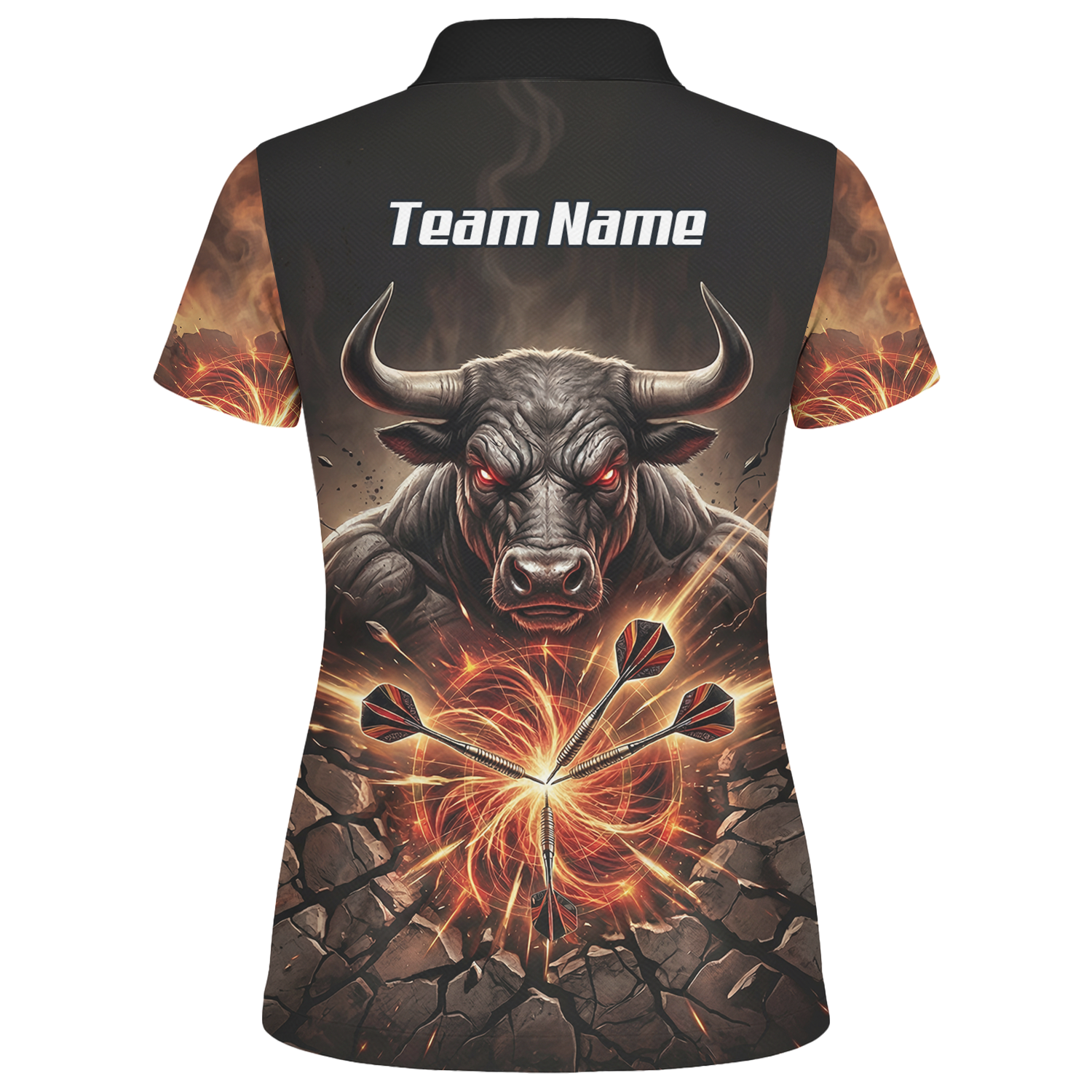 Personalised Women's Dart Jersey Custom Name Team Shirt Angry Bull Fire Flame Black Orange Polo Shirt Y4522