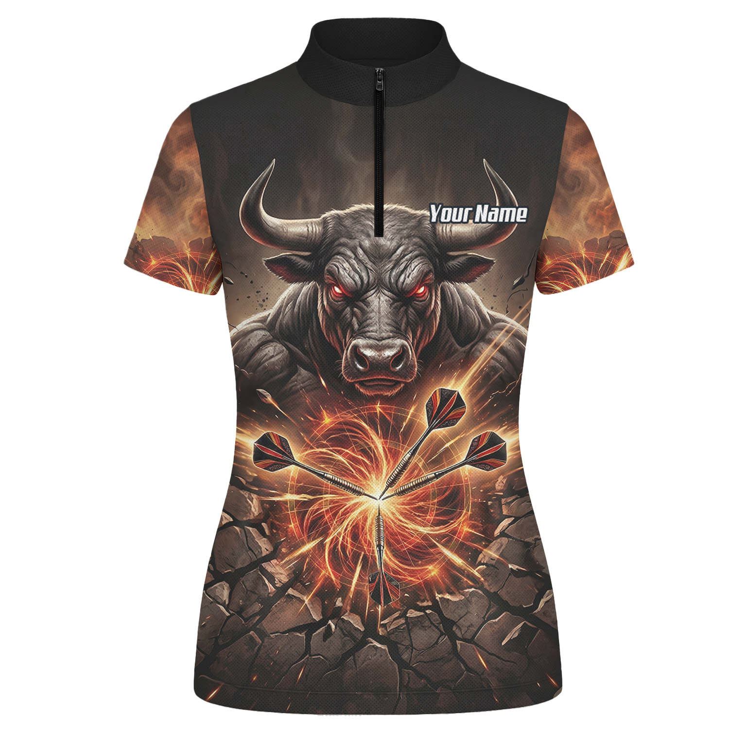 Personalised Women's Dart Jersey Custom Name Team Shirt Angry Bull Fire Flame Black Orange Polo Shirt Y4522
