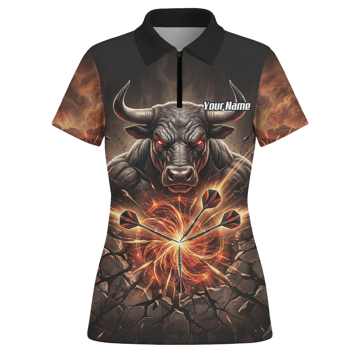 Personalised Women's Dart Jersey Custom Name Team Shirt Angry Bull Fire Flame Black Orange Polo Shirt Y4522