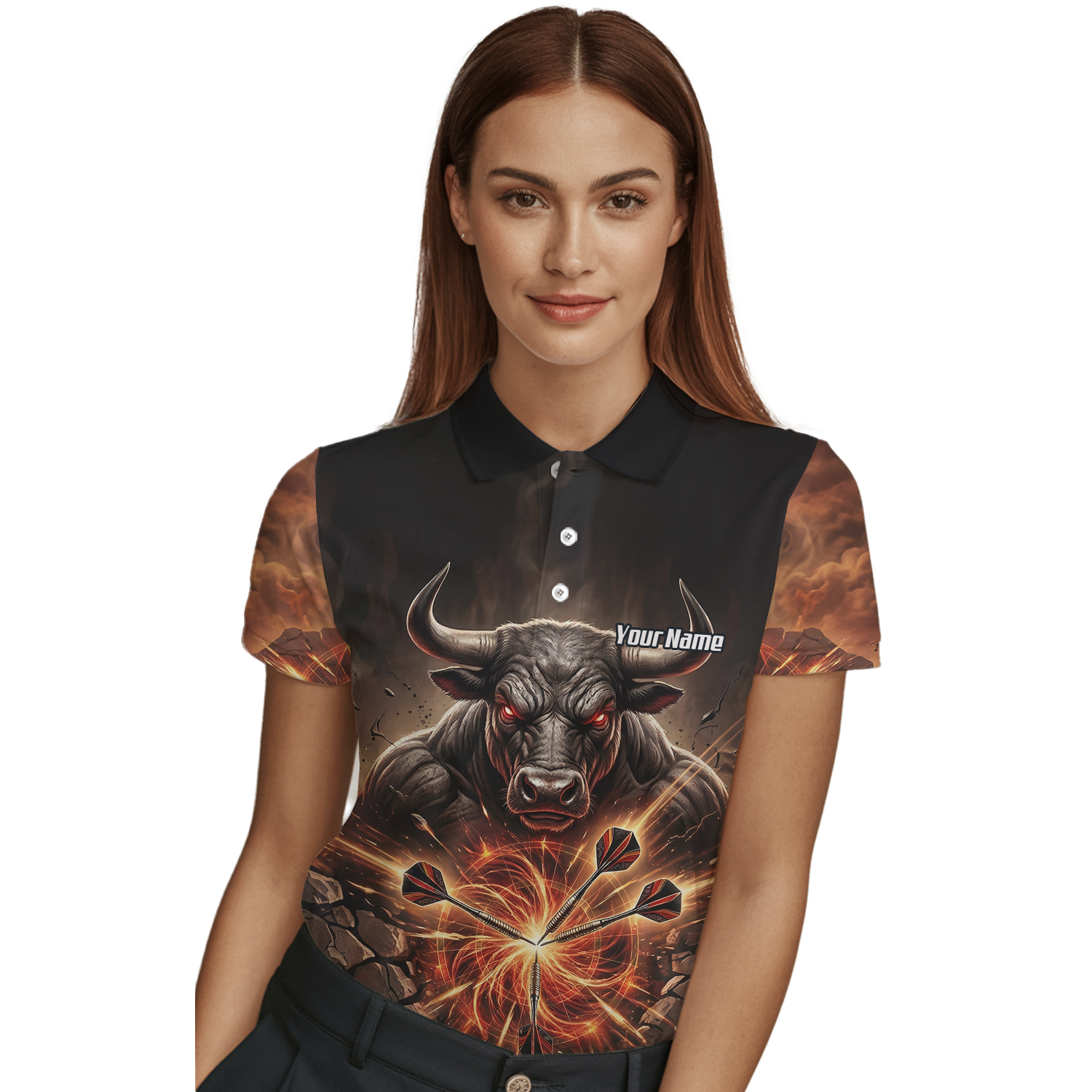Personalised Women's Dart Jersey Custom Name Team Shirt Angry Bull Fire Flame Black Orange Polo Shirt Y4522
