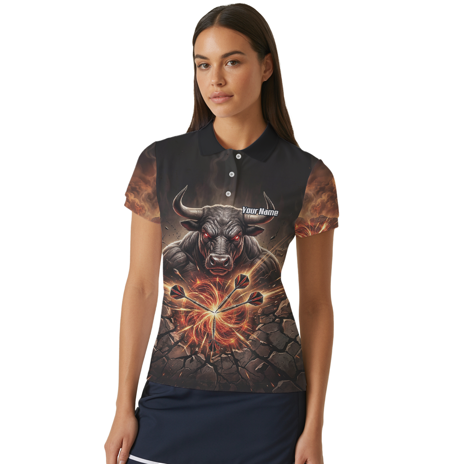 Personalised Women's Dart Jersey Custom Name Team Shirt Angry Bull Fire Flame Black Orange Polo Shirt Y4522