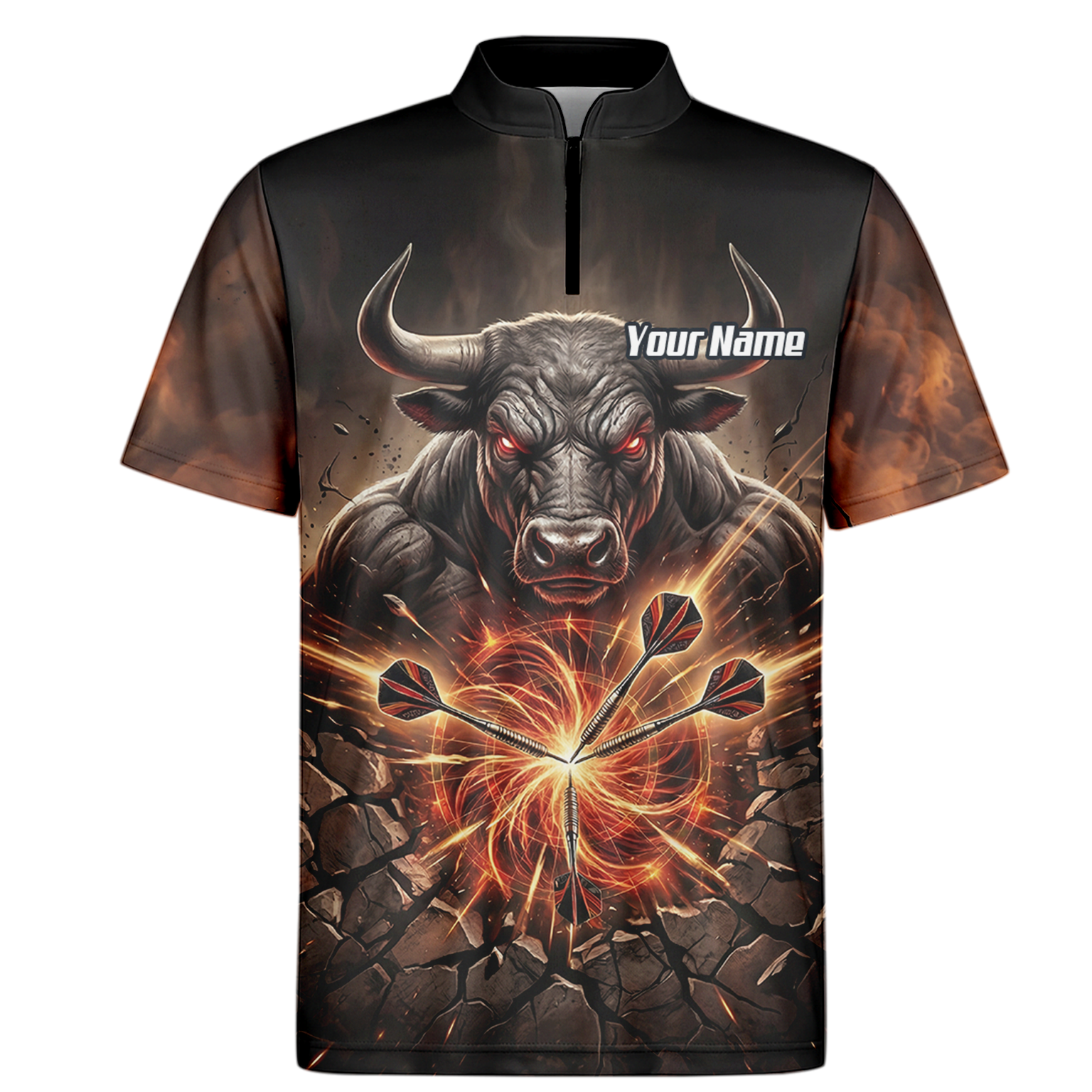 Personalised Men's Dart Jersey Custom Name Team Shirt Angry Bull Fire Flame Black Orange Polo Shirt Y4522