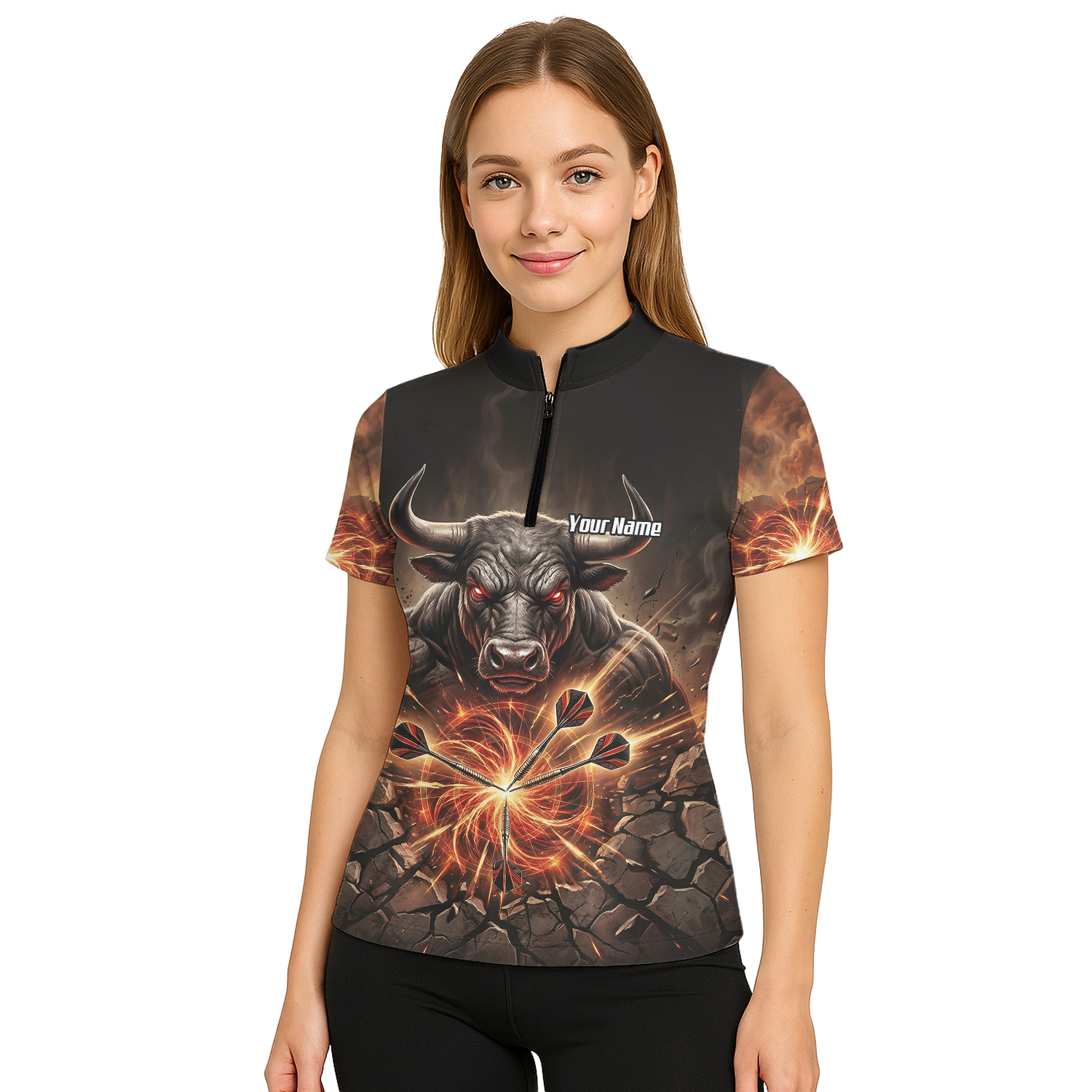 Personalised Women's Dart Jersey Custom Name Team Shirt Angry Bull Fire Flame Black Orange Polo Shirt Y4522