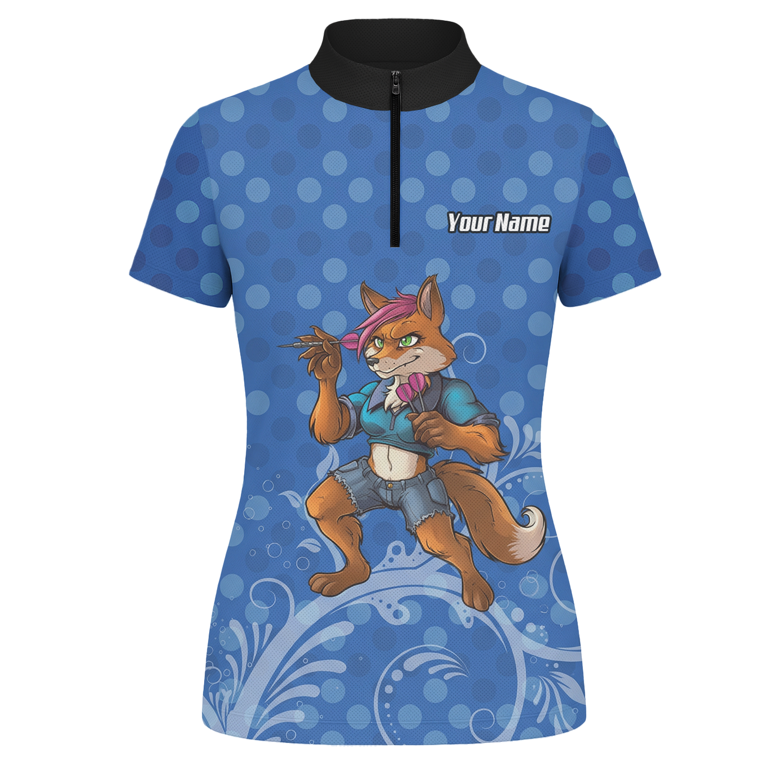 Personalised Fox Dart Jersey Polo and Zipper Blue Polka Dot For Women Y9578 - Zipper Yes