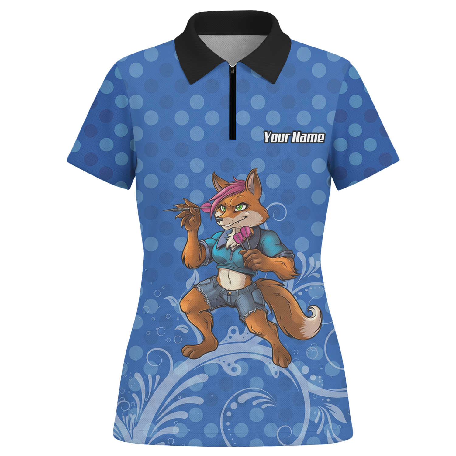 Personalised Fox Dart Jersey Polo and Zipper Blue Polka Dot For Women Y9578 - Polo -w Zipper Yes