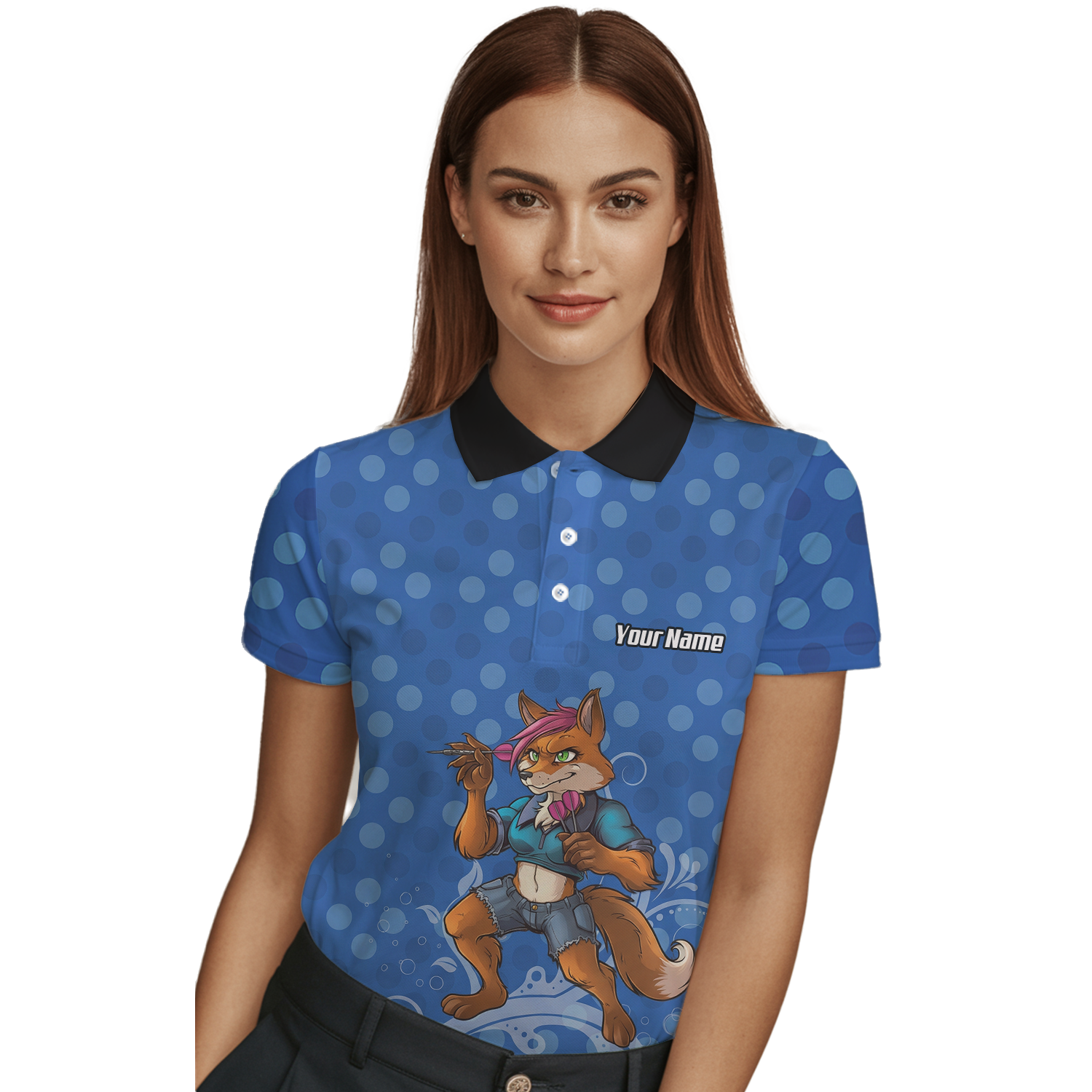 Personalised Fox Dart Jersey Polo and Zipper Blue Polka Dot For Women Y9578